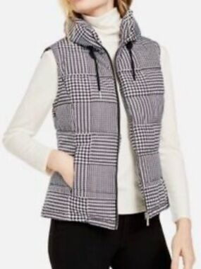 Calvin Klein Puffer Vest Zip Front High Collar Houndstooth Print Black/White